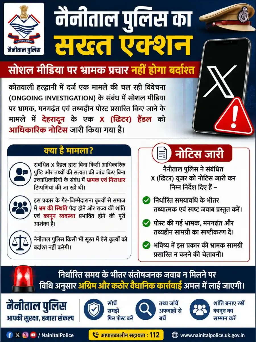 भ्रामक सोशल मीडिया पोस्ट पर नैनीताल पुलिस सख्त, देहरादून के X हैंडल को नोटिस।